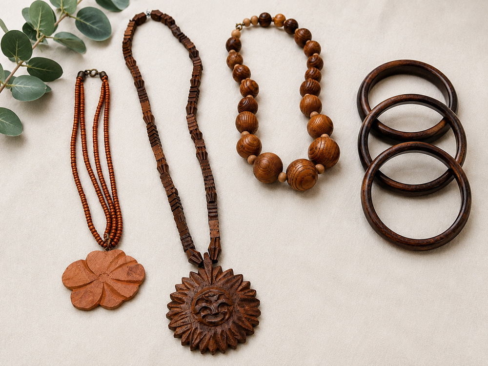 Vintage Wooden Jewelry Lot Necklaces Bracelets Carved Pendant Boho Artisan Set